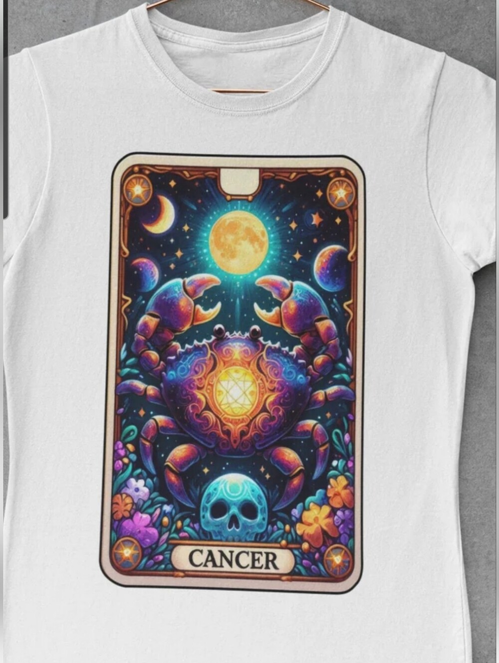 Upcycled Cancer Zodiac Tarot DTF Graphic T-Shirt Size M Mystical Astrology Tee - Picture 5 of 6